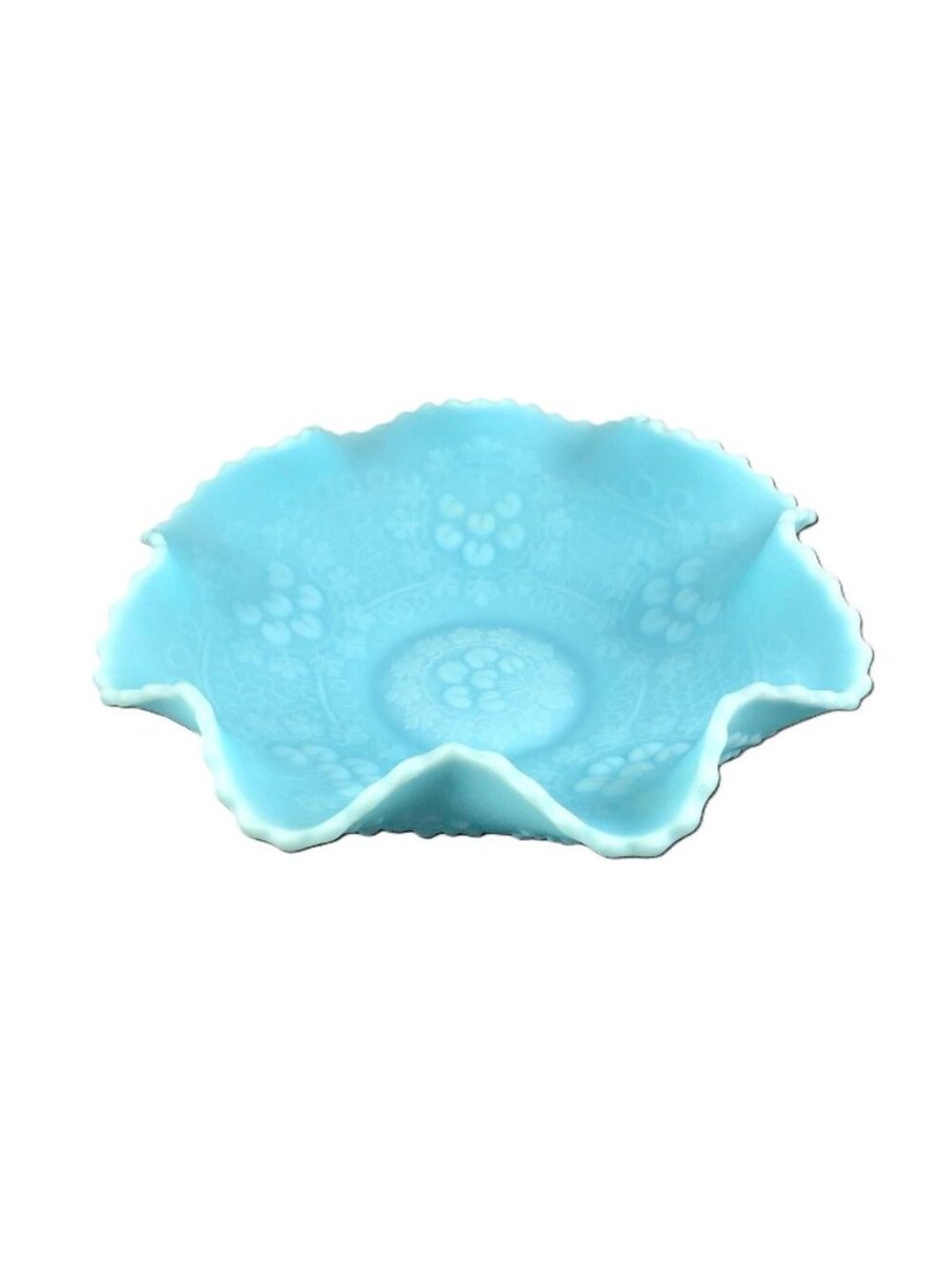 Vintage Fenton Bowl Blue Satin Cherry Chain and Orange Tree Art Glass 10" x 3"